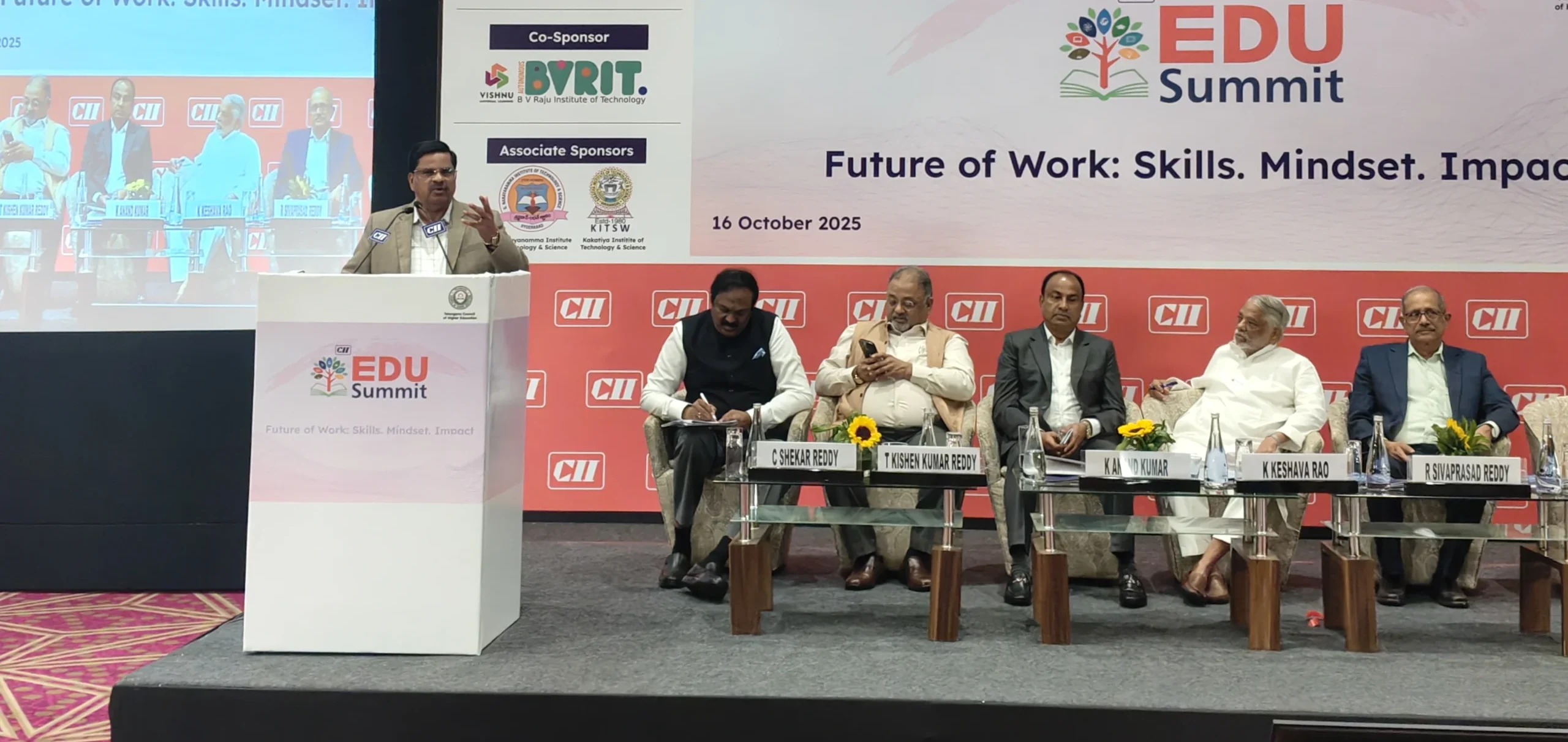 Prof. V Balakista Reddy, Chairman, TGCHE delivered the Keynote address at the EDU Summit on Future of Work: Skills, Mindset & Impact, organised by the Confederation of Indian Industries, Hyderabad on 16 October 2025.