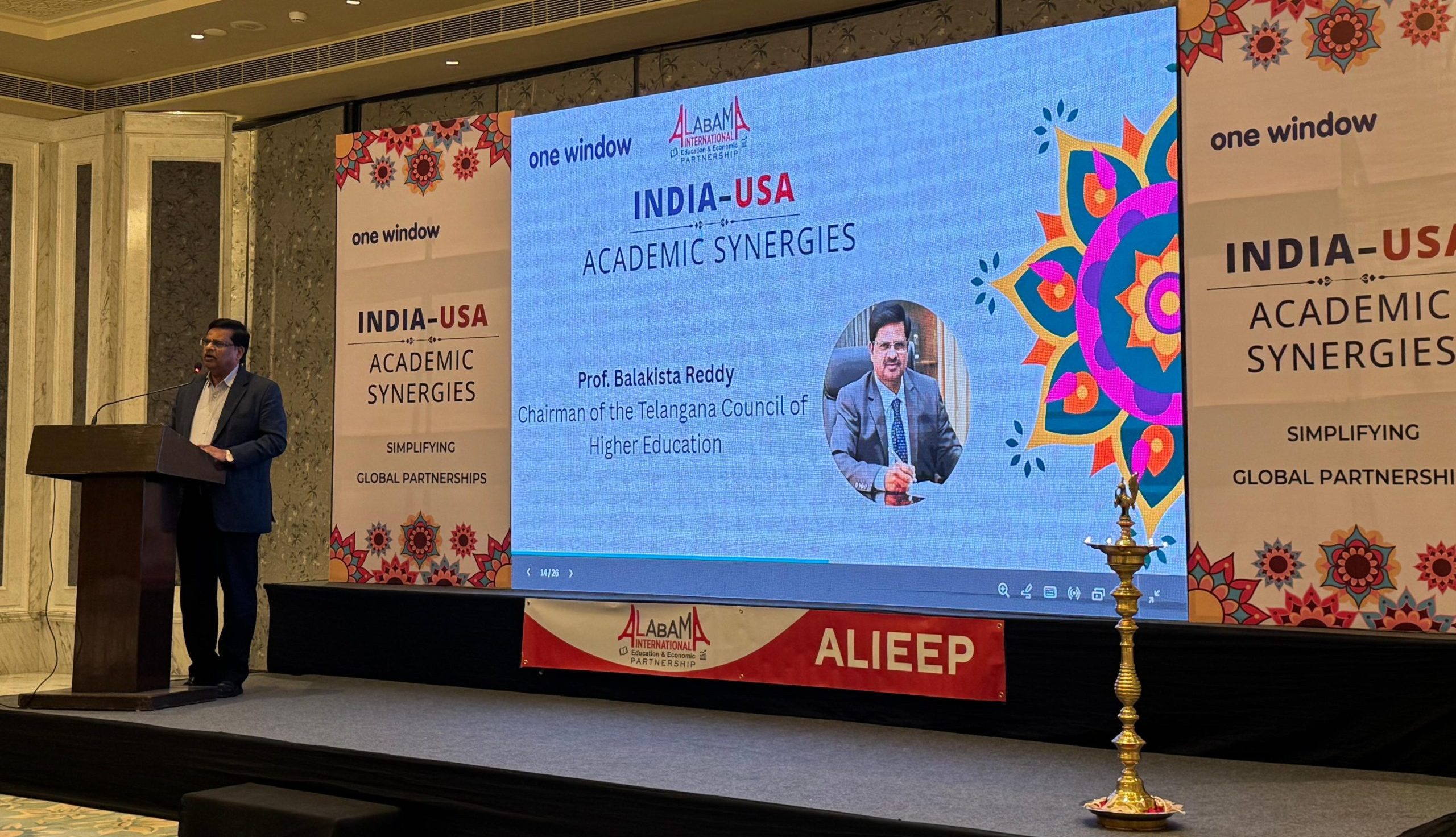 Prof. V. Balakista Reddy, Chairman, TGCHE, spoke on the internationalization of Higher Education in the India-USA Academic Synergies organised by the Alabama International at Hyderabad on 23 September 2025.