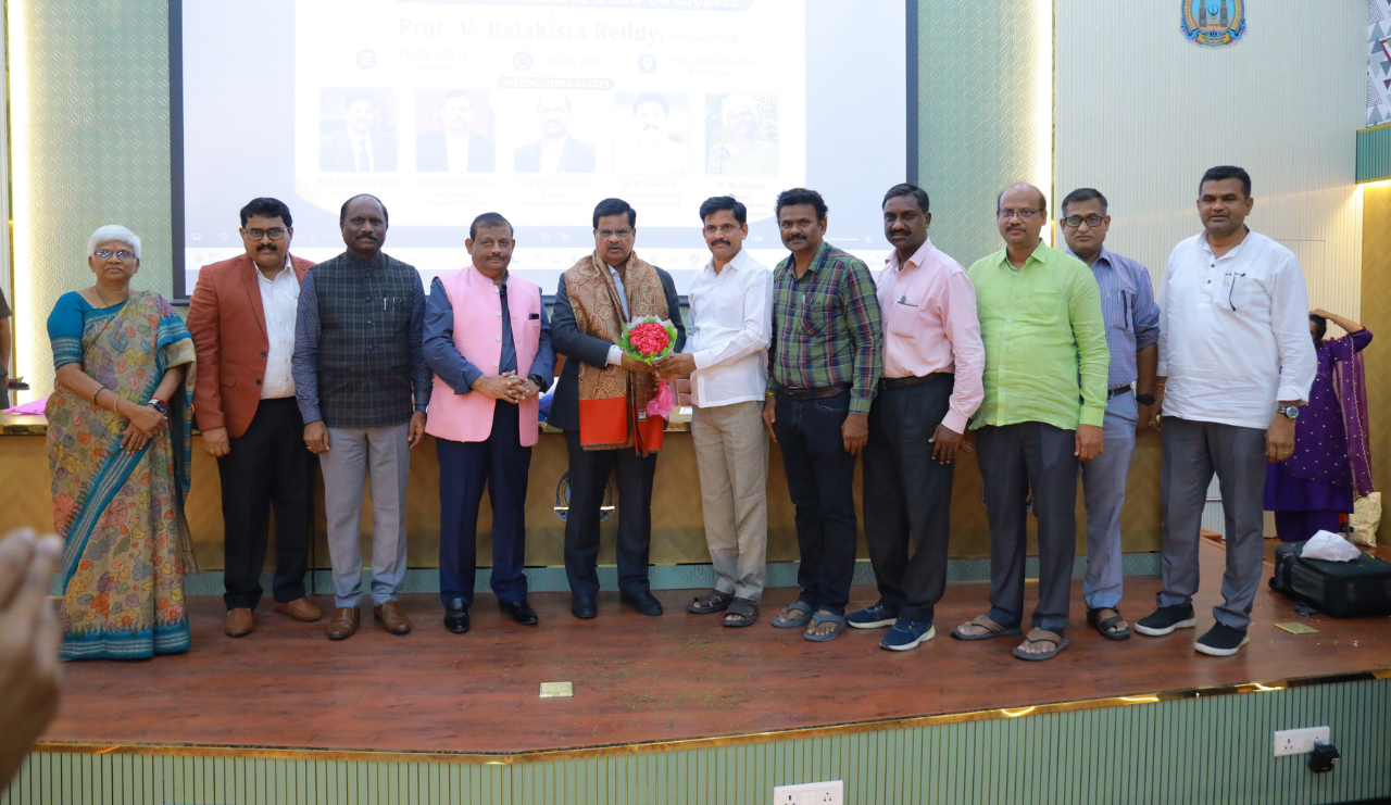 Prof. V. Balakista Reddy, Chairman, TGCHE addressed the faculty members at an Awareness program on the Revision of Syllabus & New UG Courses, held at Satavahana University, on 31 May 2026.