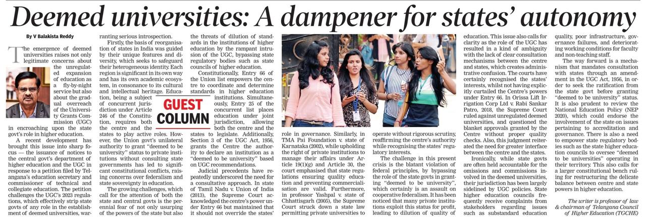Chairman’s views on Deemed Universities, The Times of India, 27 March 2025, Page. 8