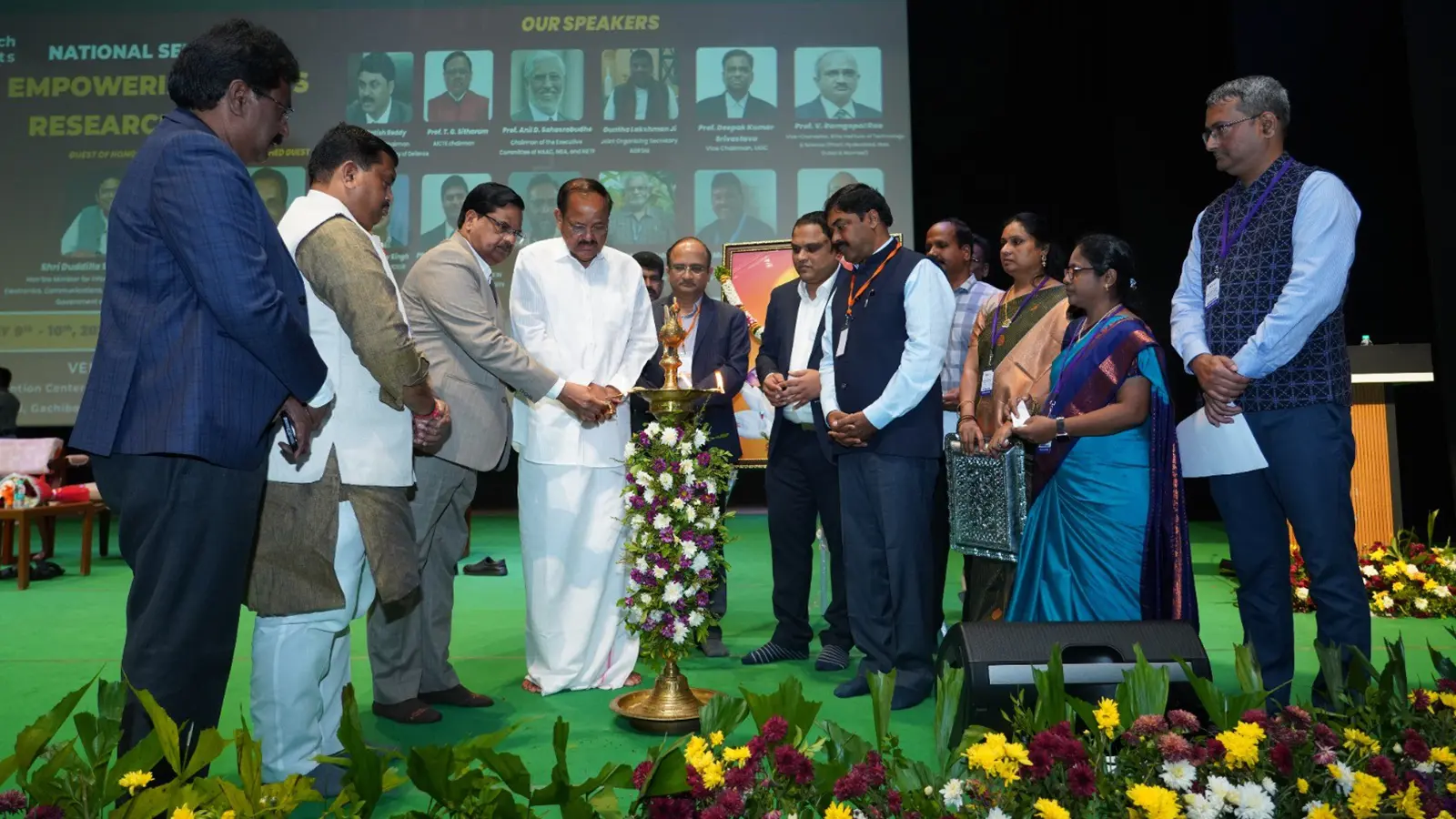 Prof. V. Balakista Reddy, Chairman, TGCHE, Guest of Honor, in the august presence of Shri. M. Venkaiah Naidu, Former Vice-President of India, Chief Guest at the inaugural session of the National Seminar on, “Empowering India's Research Future” held at the Engineering Staff College of India (ESCI), Hyderabad on July 9, 2025. 