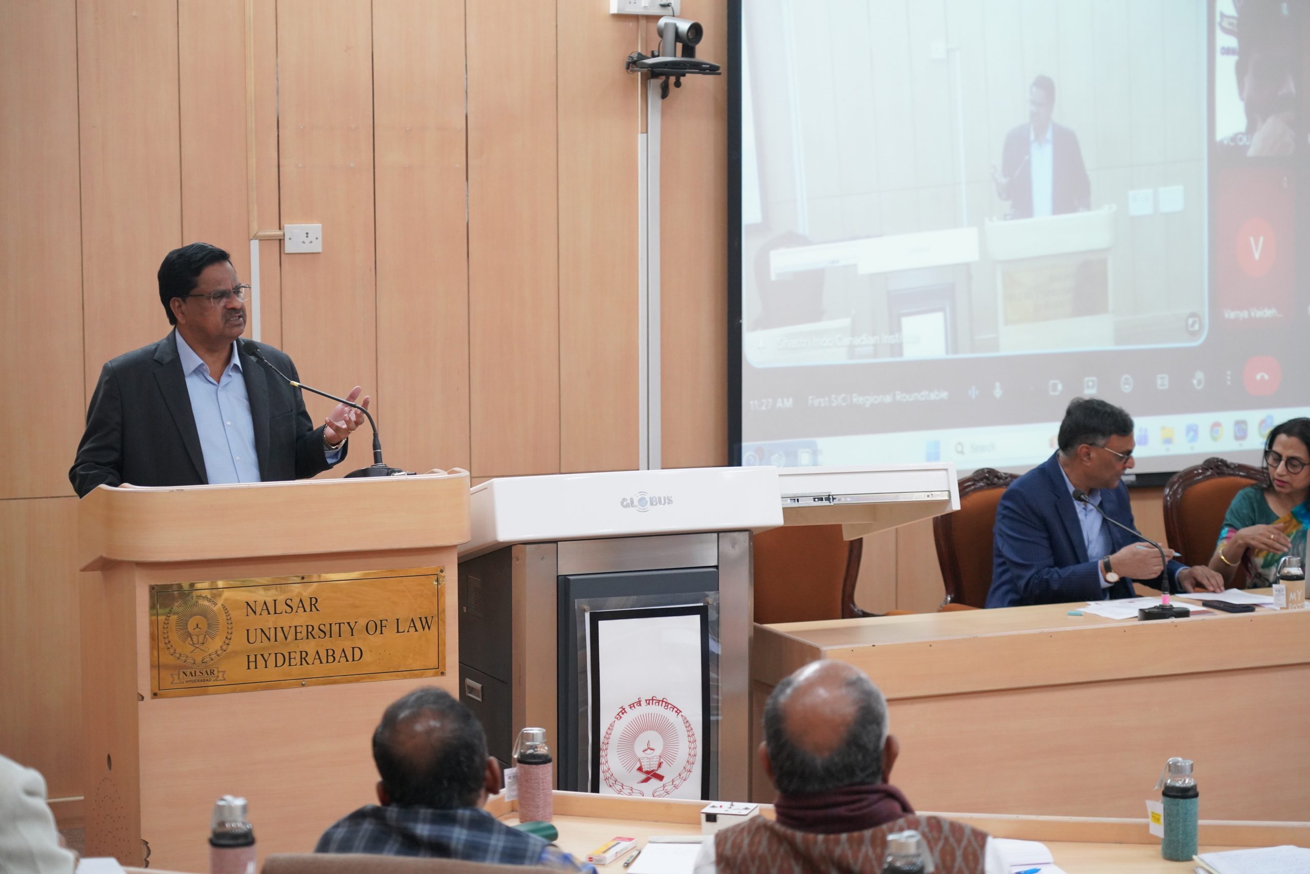 Prof. V. Balakista Reddy, Chairman, TGCHE, spoke about the best practices and reforms implemented in Telangana’s higher education sector at the Southern Regional Roundtable of the Shastri Indo-Canadian Institute (SICI), held at NALSAR University of Law, Hyderabad, on 16 December 2025