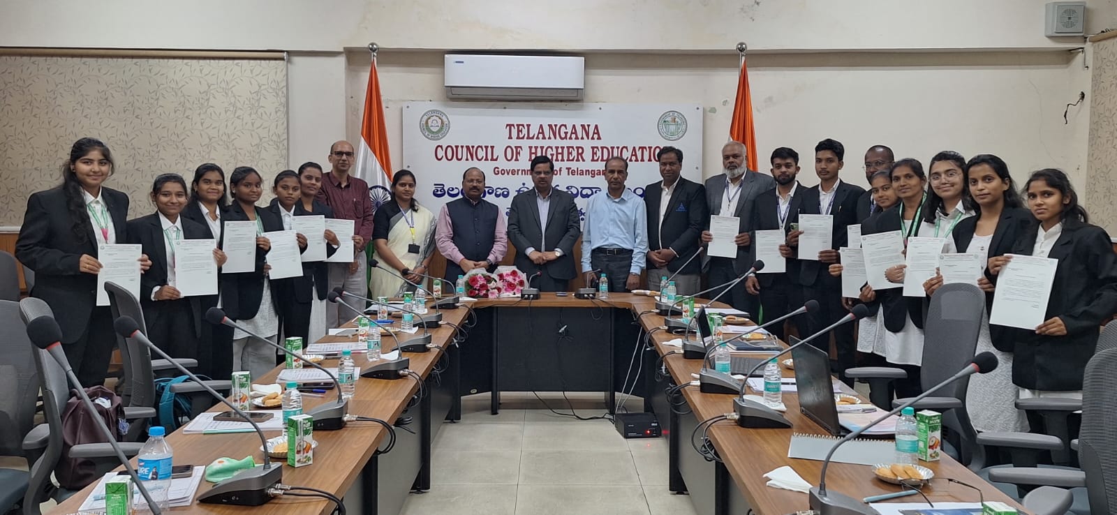 Prof. V. Balakista Reddy, Chairman, and Prof Sriram Venkatesh, Secretary, TGCHE, with the first batch of law interns of 2026, who successfully completed their 21-day internship at the TGCHE, on 30 April 2026. The interns are students from the College of Law for Women (Andhra Mahila Sabha) and Islamia College, Hyderabad.
