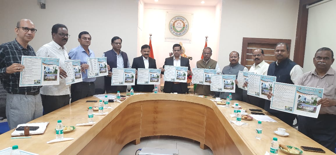 Prof. V. Balakista Reddy, Chairman, Prof. E. Purushottam, Vice Chairman – I, Prof. Sriram Venkatesh, Secretary, TGCHE in the presence of a senior delegation led by Prof. K. Pratap Reddy, Vice Chancellor, Kakatiya University released the brochure on 14 July 2026, for a National Conference, “Synergising Institutions for Sustainable Development: Strategic and Multi-Stakeholder Approach to Pollution Control,” to be held on 12-13 August 2026.